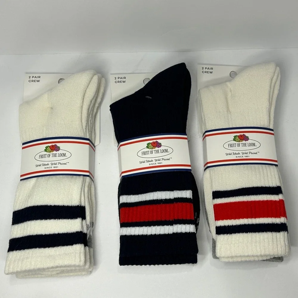 Fruit of the Loom 6 Pair Varsity Stripe Crew Socks Mens 6-12 White Navy Red New